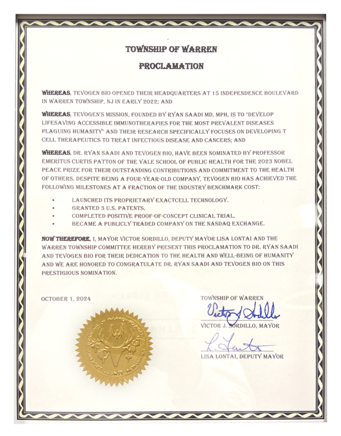 tevogen-bio-thanks-warren-township-for-proclamation-honoring-ceo-dr.-ryan-saadi,-nobel-peace-prize-nomination,-and-the-company’s-mission-to-address-health-inequality